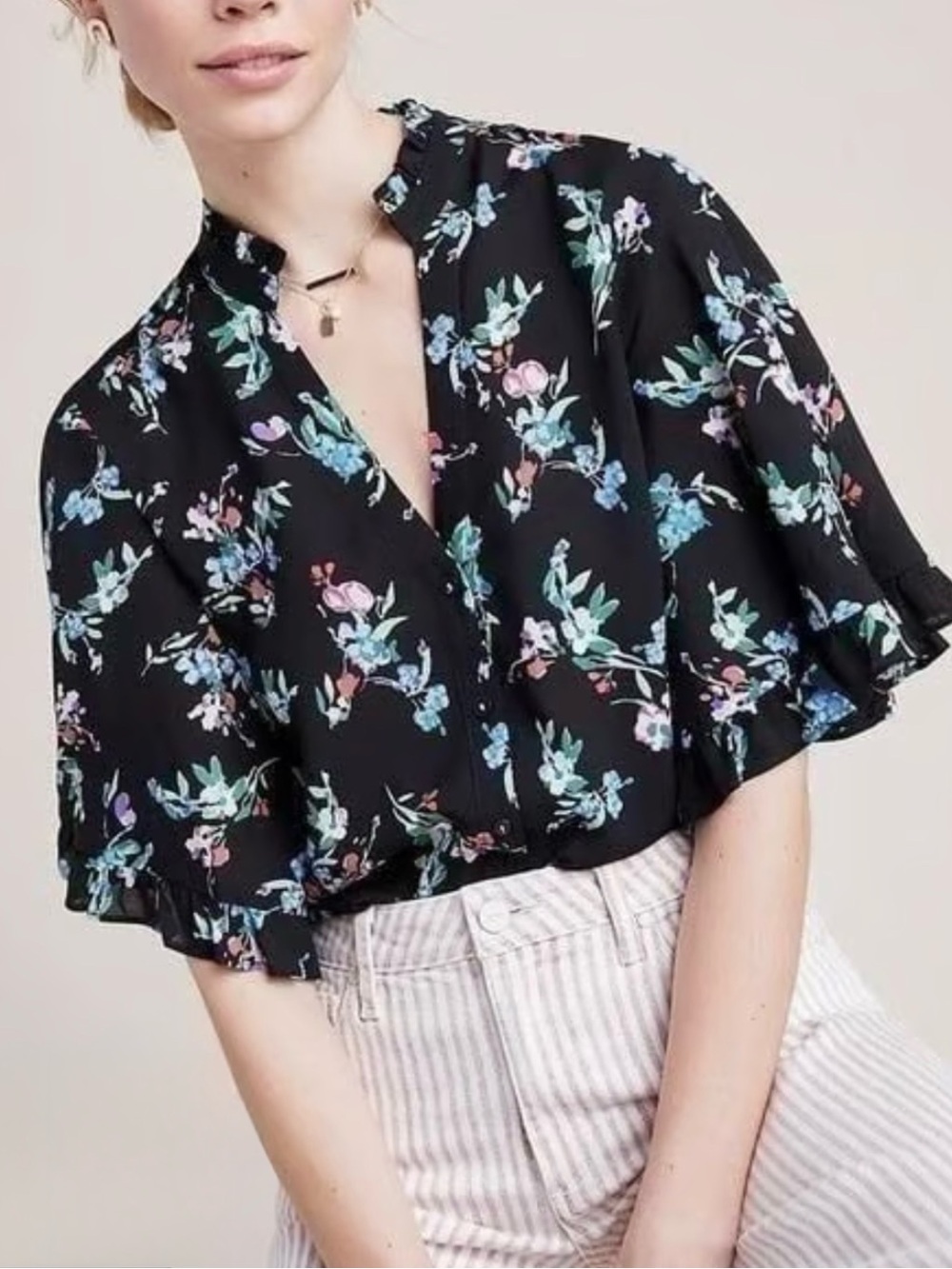 ANTHROPOLOGIE MAEVE | Aveiro Floral Ruffle Flutter Sleeve Black Blouse Sz. Small